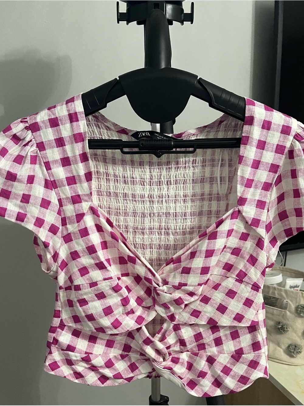 Zara Pink Gingham Knot-Front Crop Top